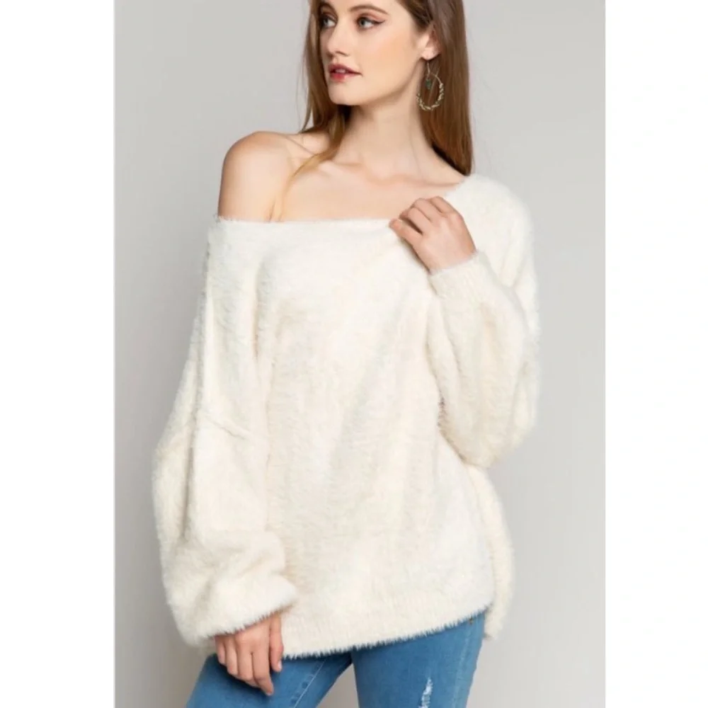 NEW POL Cream faux Mohair Pullover Sweater